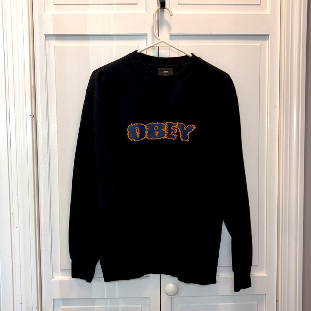 ✨ OBEY ✨ Black Pullover Sweatshirt Orange Logo Size Small Unisex